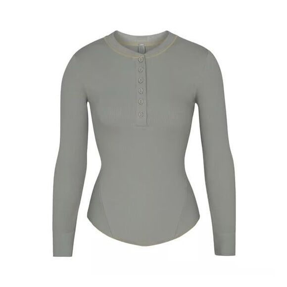 Skims Cotton Rib Henley Long Sleeve Top Mineral Size XXS - Picture 1 of 10